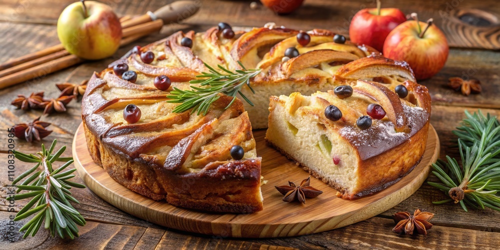 Poster a freshly baked apple pie with a delicate layer of powdered sugar and a sprinkling of berries, resti