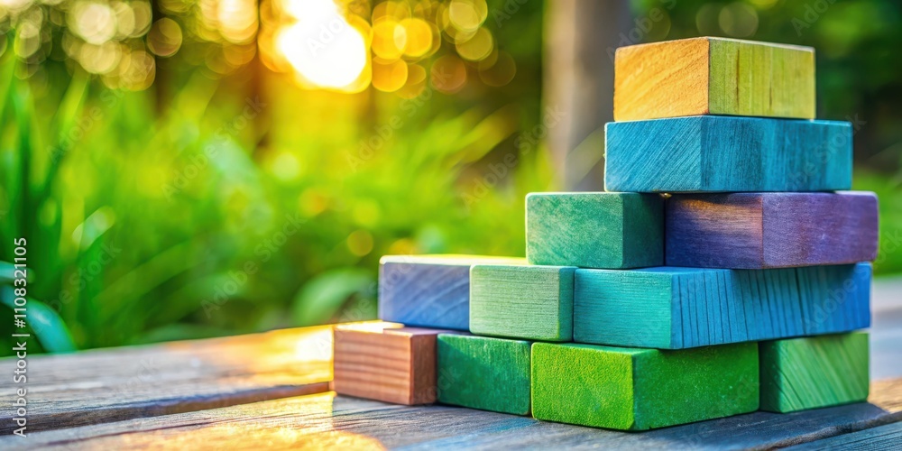 Poster Wooden blocks stacked in a pyramid shape on a wooden table in front of a blurred background of green grass and out-of-focus sunlight