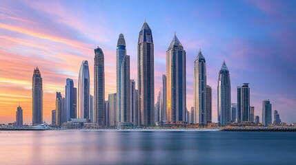 Obraz premium Skyline View of Modern City at Sunset