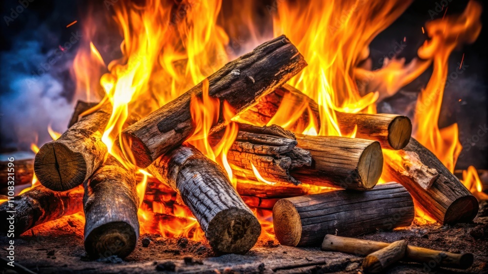 Poster a bonfire burns with intense heat, flames licking at the surrounding logs, creating a mesmerizing sp