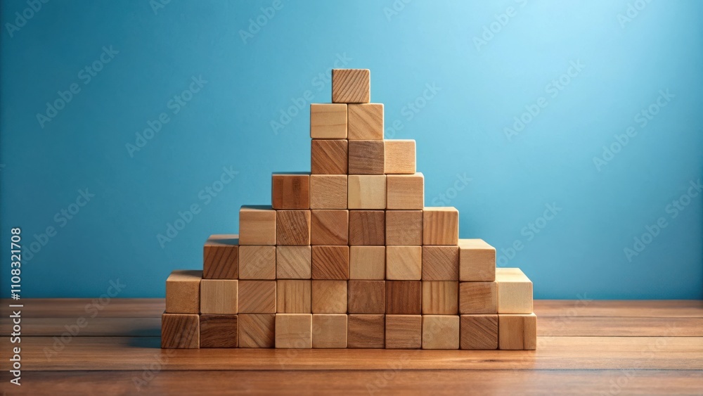 Poster stacked wooden blocks form a pyramid shape on a wooden table against a blue background