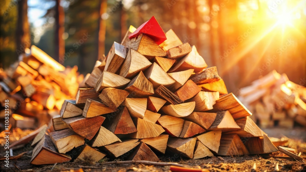 Aufkleber a pile of firewood neatly stacked in the woods, illuminated by the warm glow of the setting sun, a s