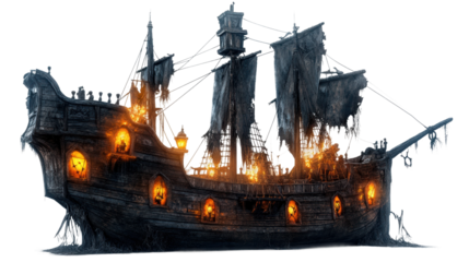 Ghostly pirate ship sailing through dark waters on transparent background