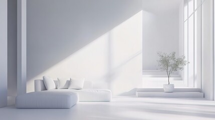 Fototapeta premium Minimalist and serene living room with a pure white sofa and minimal decor 