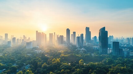 Fototapeta premium Urban Skyline at Sunrise with Misty Atmosphere