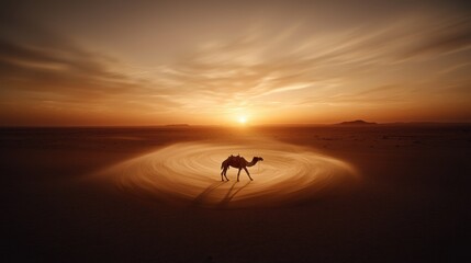Fototapeta premium Camel crossing expansive desert at sunset nature scene conceptual viewpoint tranquil environment for visual impact