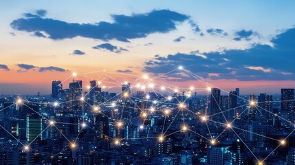 Urban Skyline with Network Connections at Sunset