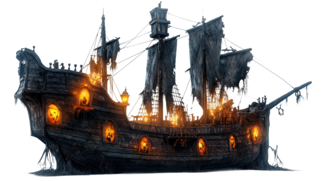 Ghostly pirate ship sailing through dark waters on transparent background