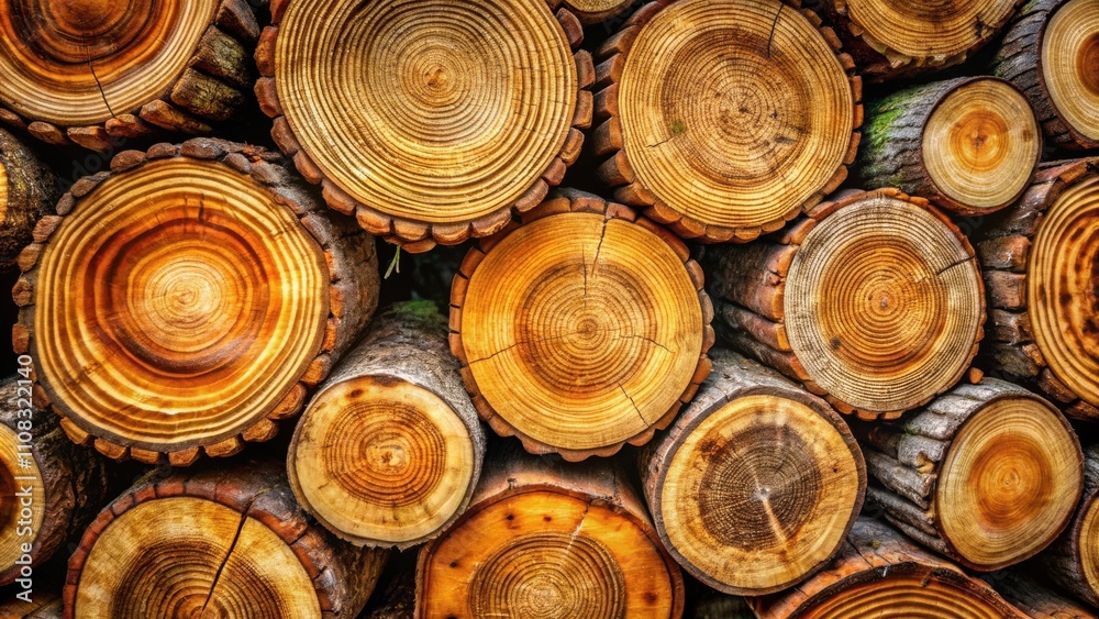 Poster a collection of tree trunk cross sections, each with unique rings and textures, revealing the natura