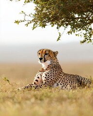 Fototapeta premium Cheetah resting under acacia tree in african savanna nature conceptual serenity and wildlife