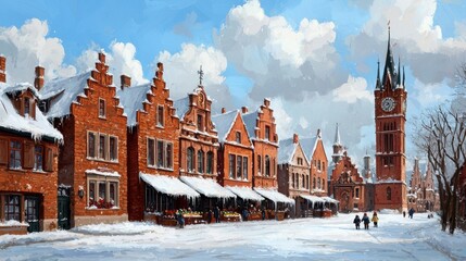 Obraz premium A painting of a snowy town with a clock tower