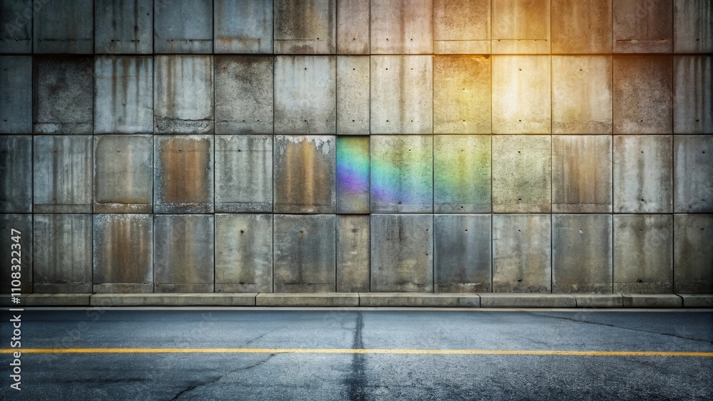 Poster A weathered concrete wall with a rainbow emanating from a single missing block, casting a warm glow on the empty asphalt road in front of it.