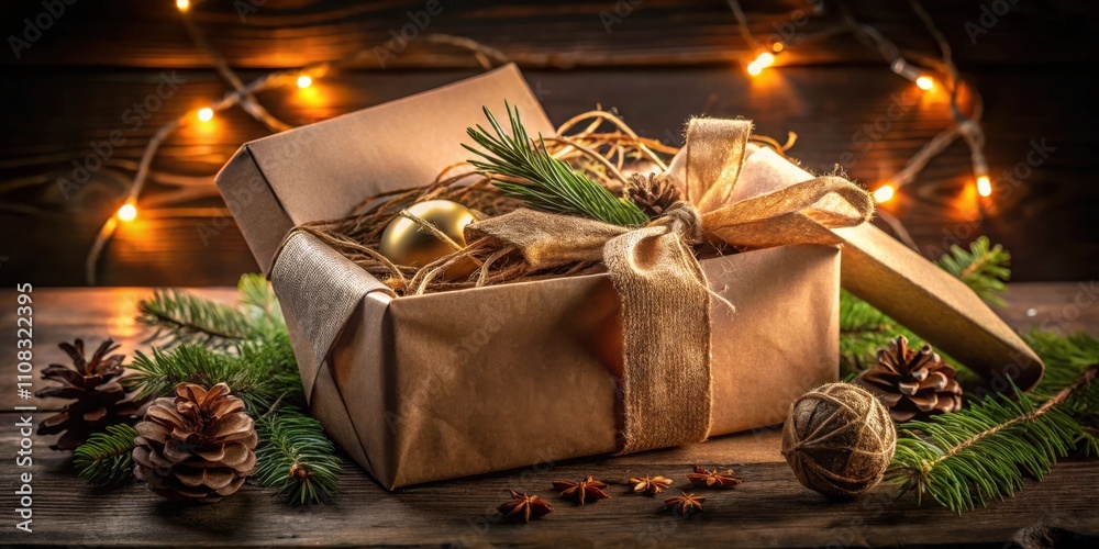 Aufkleber a rustic brown gift box adorned with a burlap bow and pine sprigs, revealing a golden ornament nestl