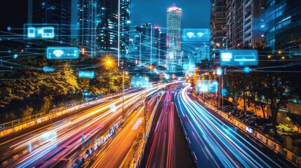Obraz premium Urban Night Cityscape with Digital Technology Effects
