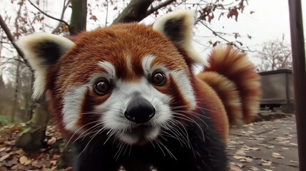 Obraz premium Curious red panda observing nature forest habitat animal natural environment close-up perspective conceptual wonder