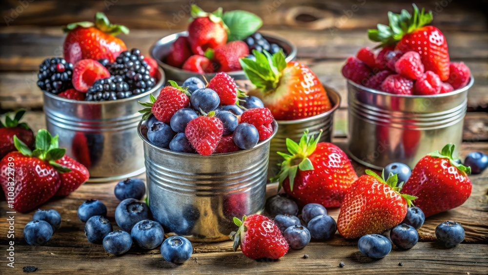 Poster a rustic still life featuring freshly picked berries in silver pails on a weathered wooden table