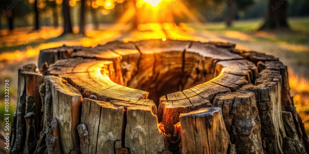 Poster A close-up of a weathered tree stump with a golden glow from the setting sun, emphasizing the intricate details and natural beauty of the wood