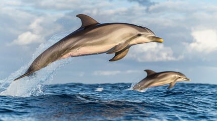 Fototapeta premium Dolphins leaping playfully in water marine environment wildlife oceanic viewpoint concept of freedom