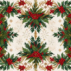 Fototapeta premium Elegant Christmas Holly and Red Berry Pattern with Golden Snowflake Details