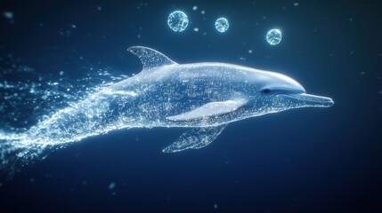 Fototapeta premium Dolphin leaping through glow waterfall underwater scene digital art aquatic environment macro view conceptual imagery