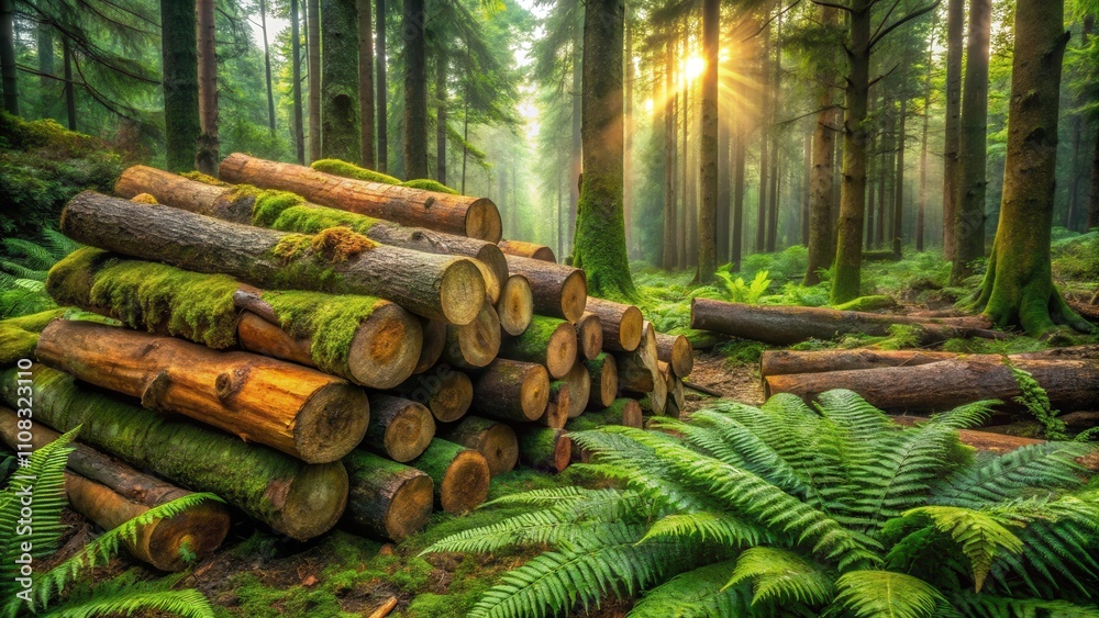 Poster a stack of moss-covered logs sits in a verdant forest bathed in the warm glow of sunlight filtering 