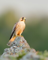 Falcon perched on rocky ledge nature outdoor setting sharp talons conceptual wildlife perspective