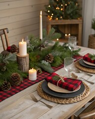 Christmas table decorated with buffalo plaid napkins, wooden accents, and simple greenery, soft candlelight reflecting off the natural elements, creating a warm and festive rustic atmosphere, 

