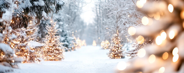 A snowy forest with Christmas trees lit up