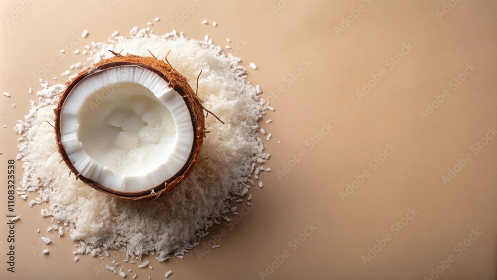 Poster a half-opened coconut shell resting on a bed of shredded coconut, showcasing its smooth, white inter