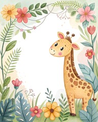 cute watercolor border frame with safari funny giraffe, flowers, green twigs. vertical template with copy space for childish birthday greeting cards. mockup and layout 
