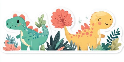 Fototapeta premium Cute Cartoon Dinosaurs in Tropical Foliage Sticker Sheet Design