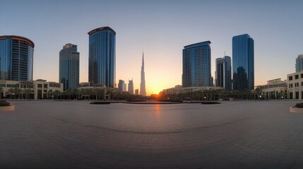 Obraz premium Sunset Over Modern City Skyline With Tall Buildings