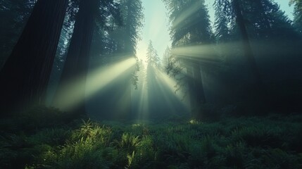 Fototapeta premium Sunbeams Piercing Through a Dense Foggy Redwood Forest