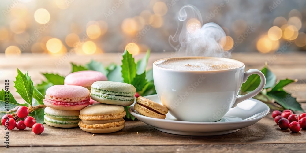 Poster a steaming cup of coffee with colorful macarons and holly sprigs on a wooden table with a bokeh back