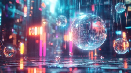 Obraz premium Futuristic Cityscape with Digital Spheres and Lights