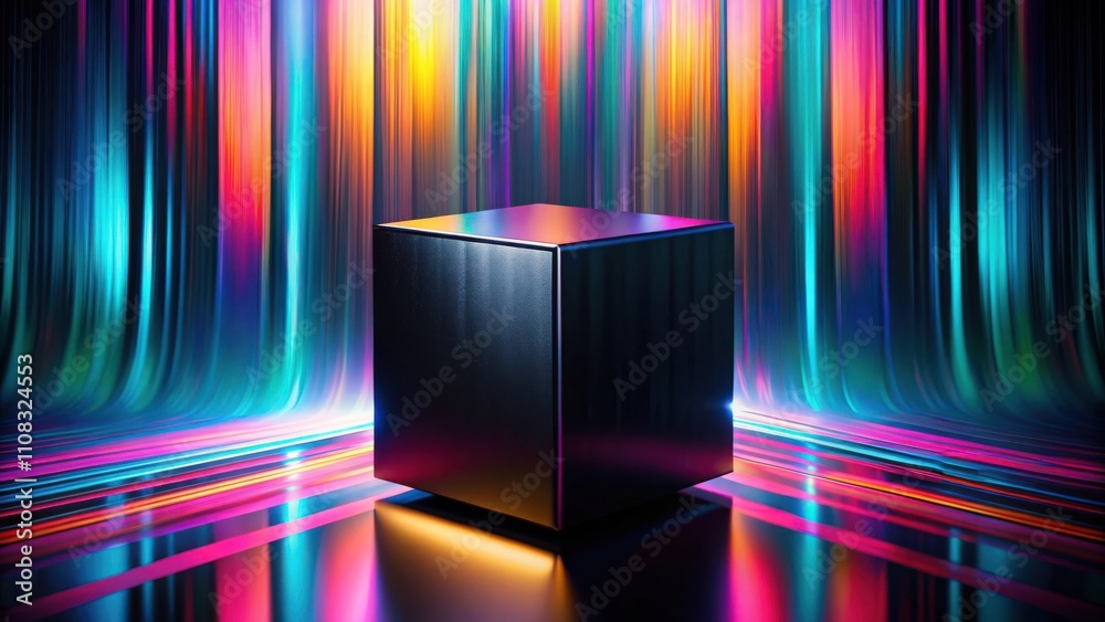 Aufkleber a black cube on a reflective surface illuminated by a vibrant, multi-colored light show of vertical 