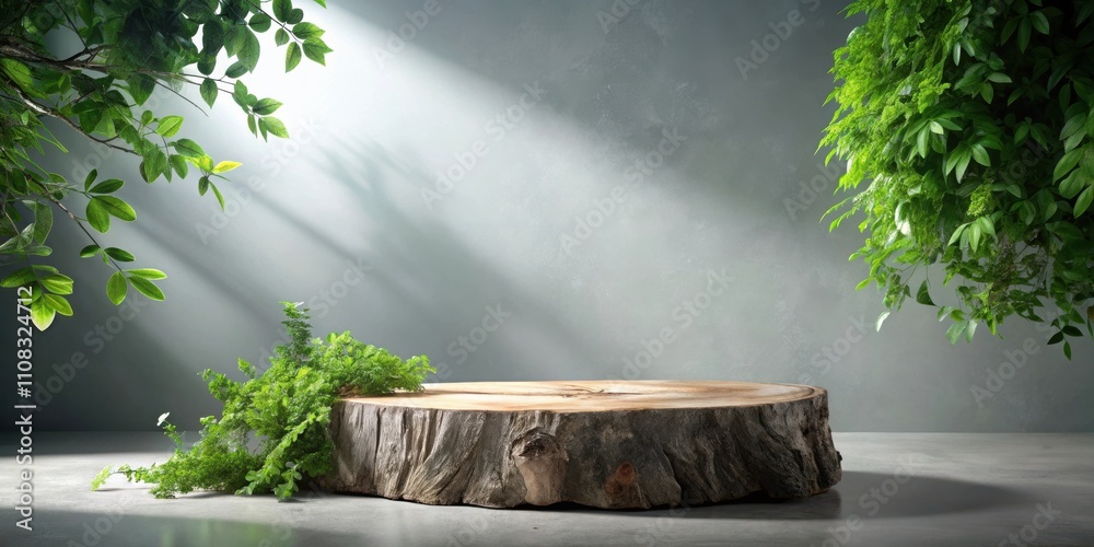 Poster A rustic wooden log platform sits in the middle of a serene natural setting, surrounded by vibrant foliage and bathed in the soft glow of sunlight.