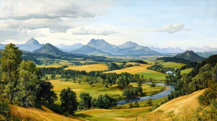 Obraz premium A painting of a valley with a river running through it