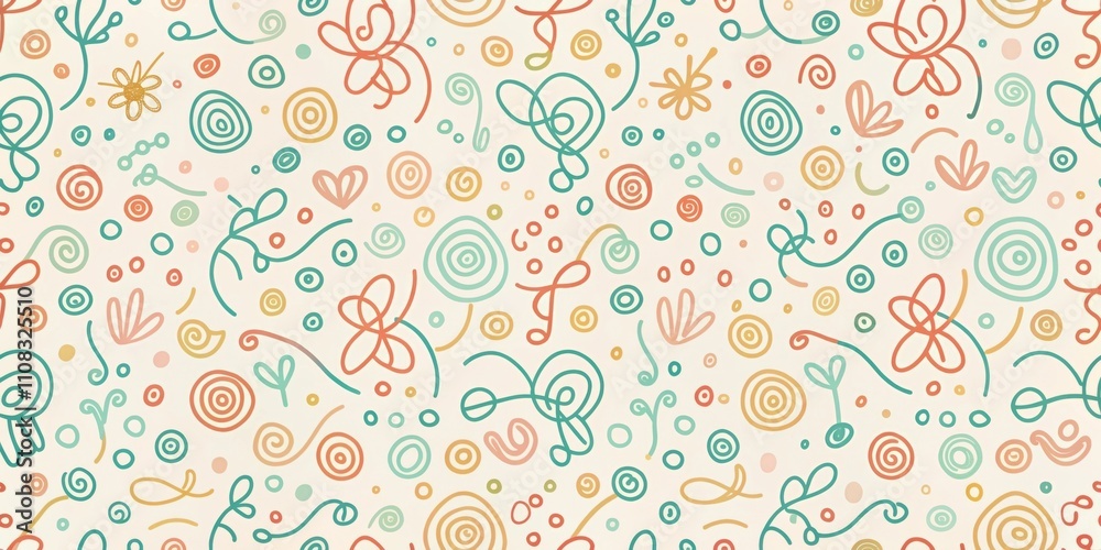 Poster hand-drawn abstract seamless pattern with colorful swirls, circles, and floral elements on a soft be