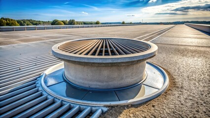 Naklejka premium A circular ventilation grate sits atop a concrete base on a rooftop, surrounded by a drain system and a vast expanse of gray concrete.