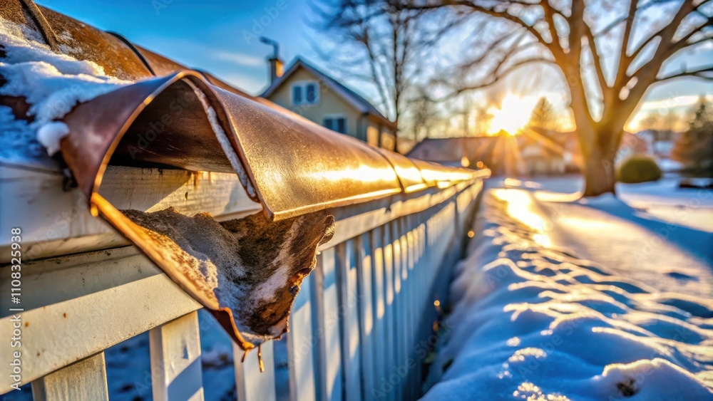 Poster a weathered metal fence post covered in snow with the golden rays of the setting sun shining through