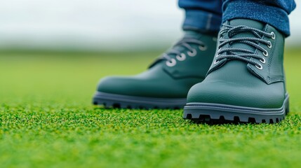 A pair of green shoes with a green sole