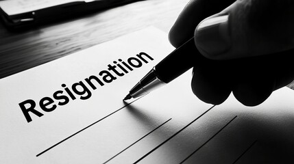 A close-up of a hand holding a pen, preparing to sign a resignation letter in black and white.