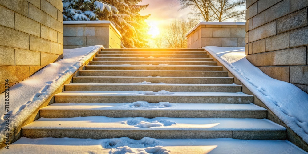 Poster a set of stone steps covered in fresh snow and bathed in warm golden light from a setting sun