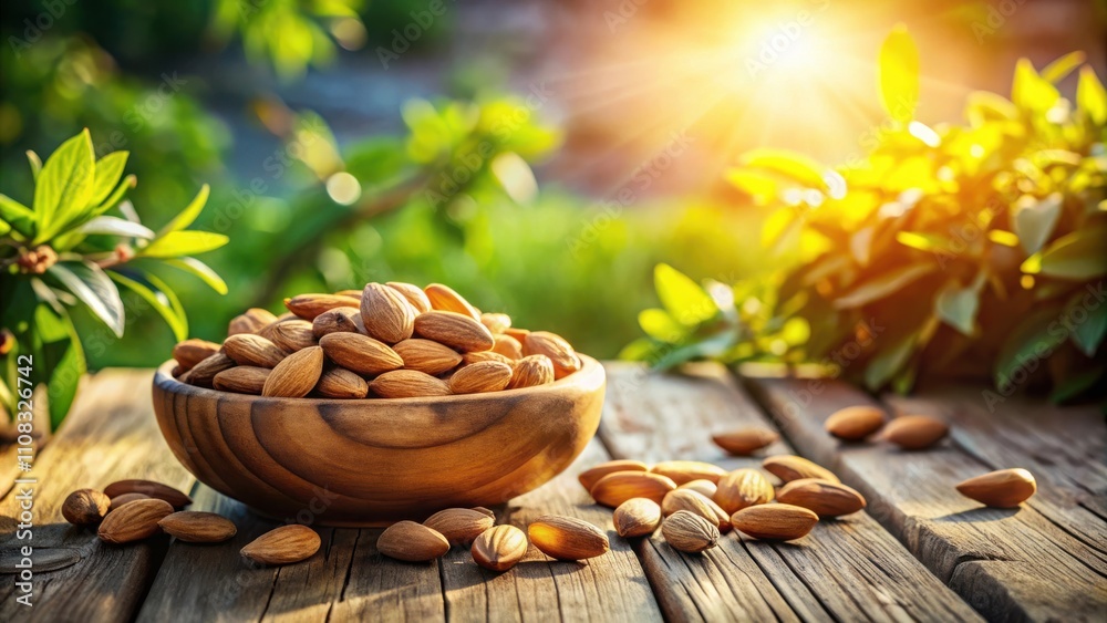 Poster a bowl of almonds sits on a wooden table with green foliage surrounding it and the setting sun in th