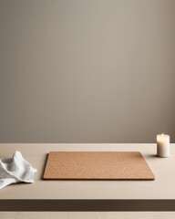 Conceptual animal inspired natural cork mat on light wood table with candle in minimalist setting for serene vibes