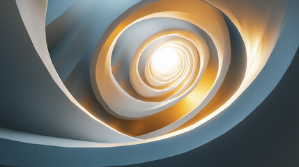 Fototapeta premium A digitally rendered image showcases a mesmerizing spiral staircase. Light emanates from the center, highlighting the smooth, curving, grey and gold architectural elements. 