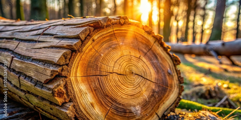 Poster A close-up of a tree trunk cut exposing rings and grain illuminated by sunlight in a forest setting