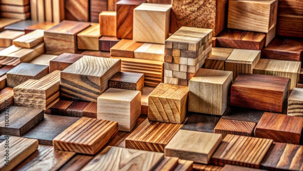 Aufkleber An abstract composition of stacked wooden blocks in various shades of brown, creating a textured and intricate pattern.