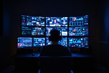 Fototapeta premium Focused Data Analyst in Dark Room Surrounded by Multiple Monitors Displaying Complex Data Visualizations and Analytics